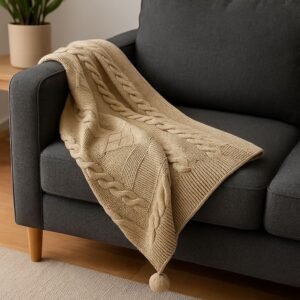 Manta Tejida Pompon 100% algodon - Beige