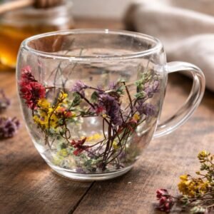 Taza de Vidrio con flores en su interior